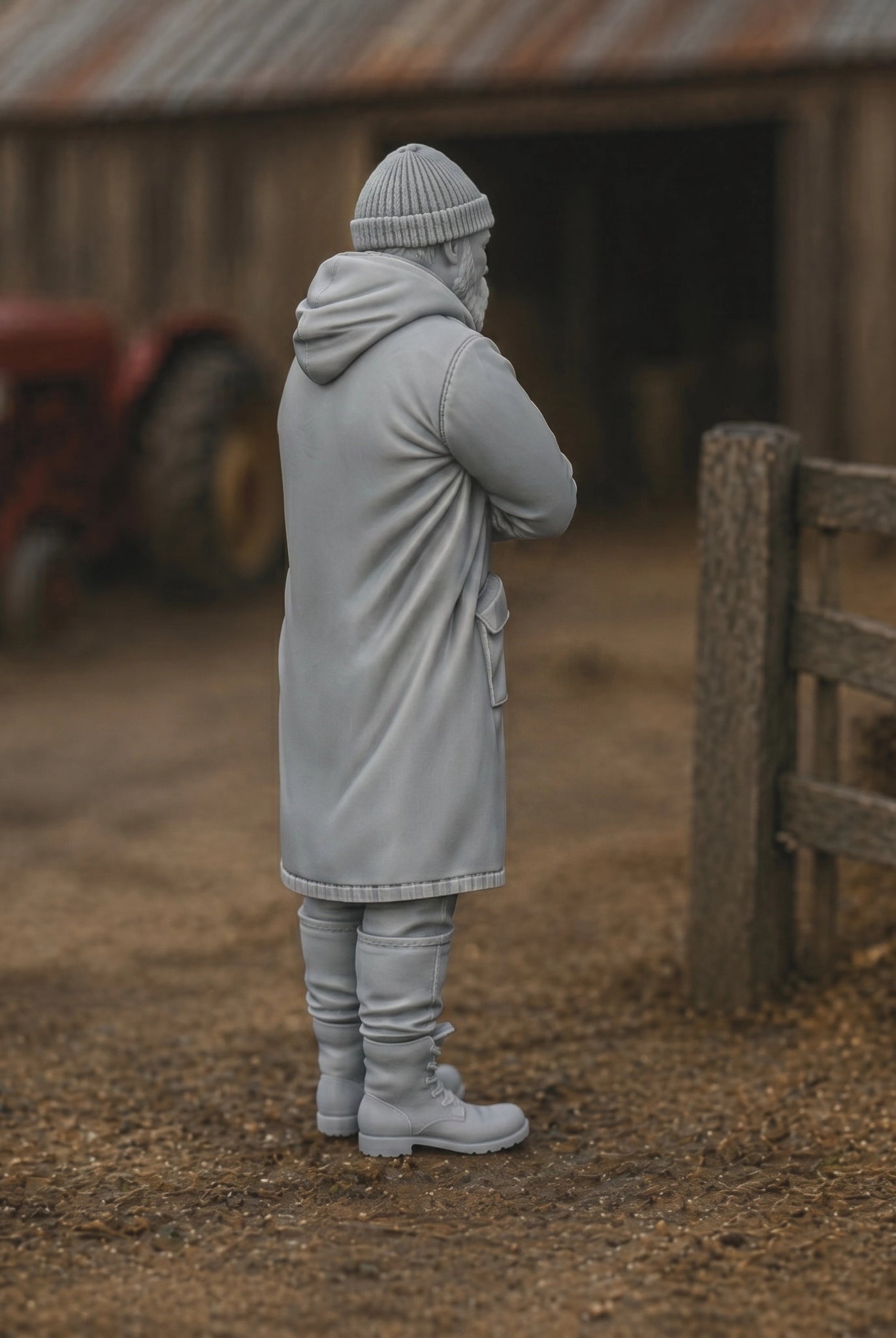 Winter Farmhand | Grey Resin Farm Diorama Figurine