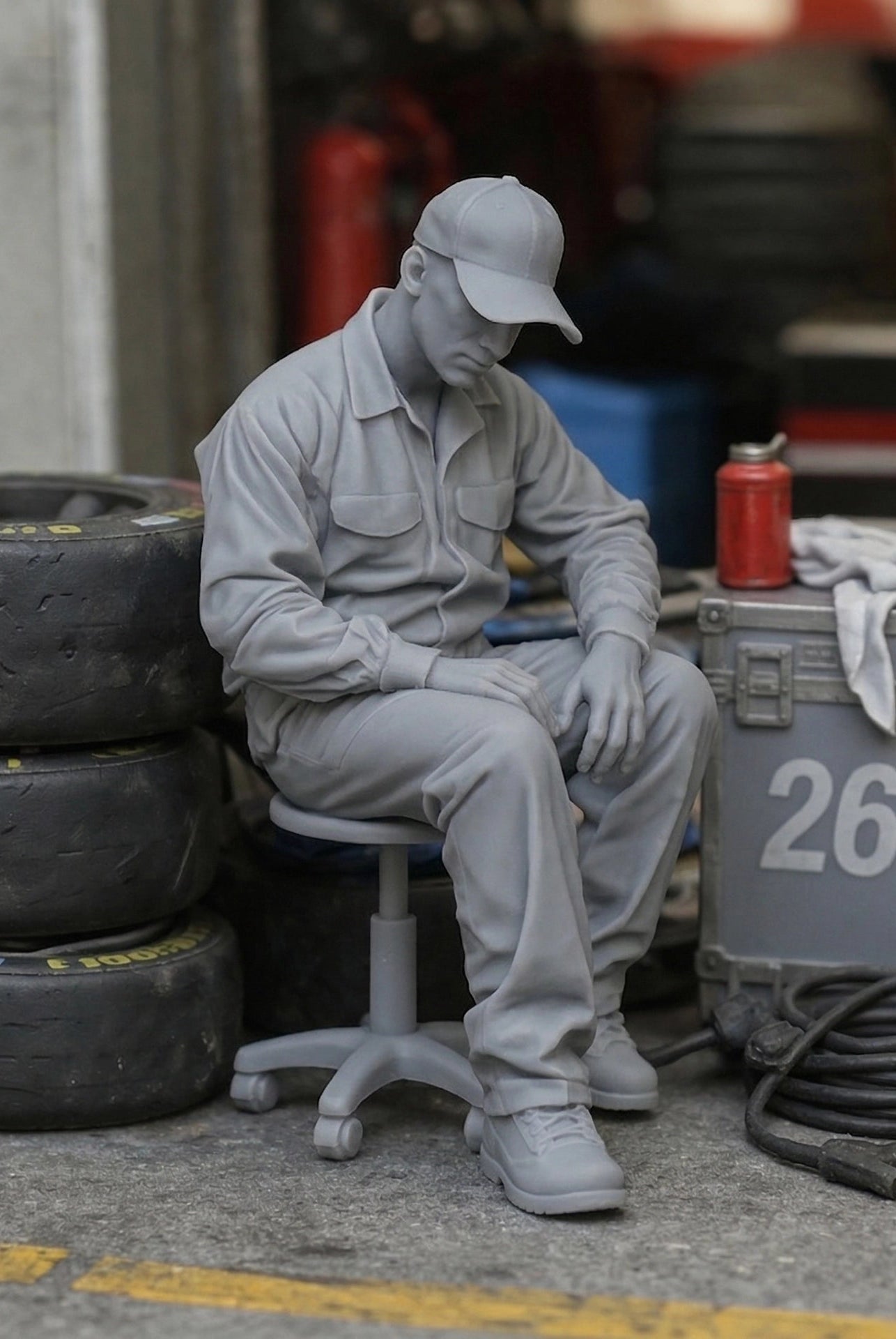 Exhausted Pit Crew Mechanic | Grey Resin Slot Car Diorama Figurine