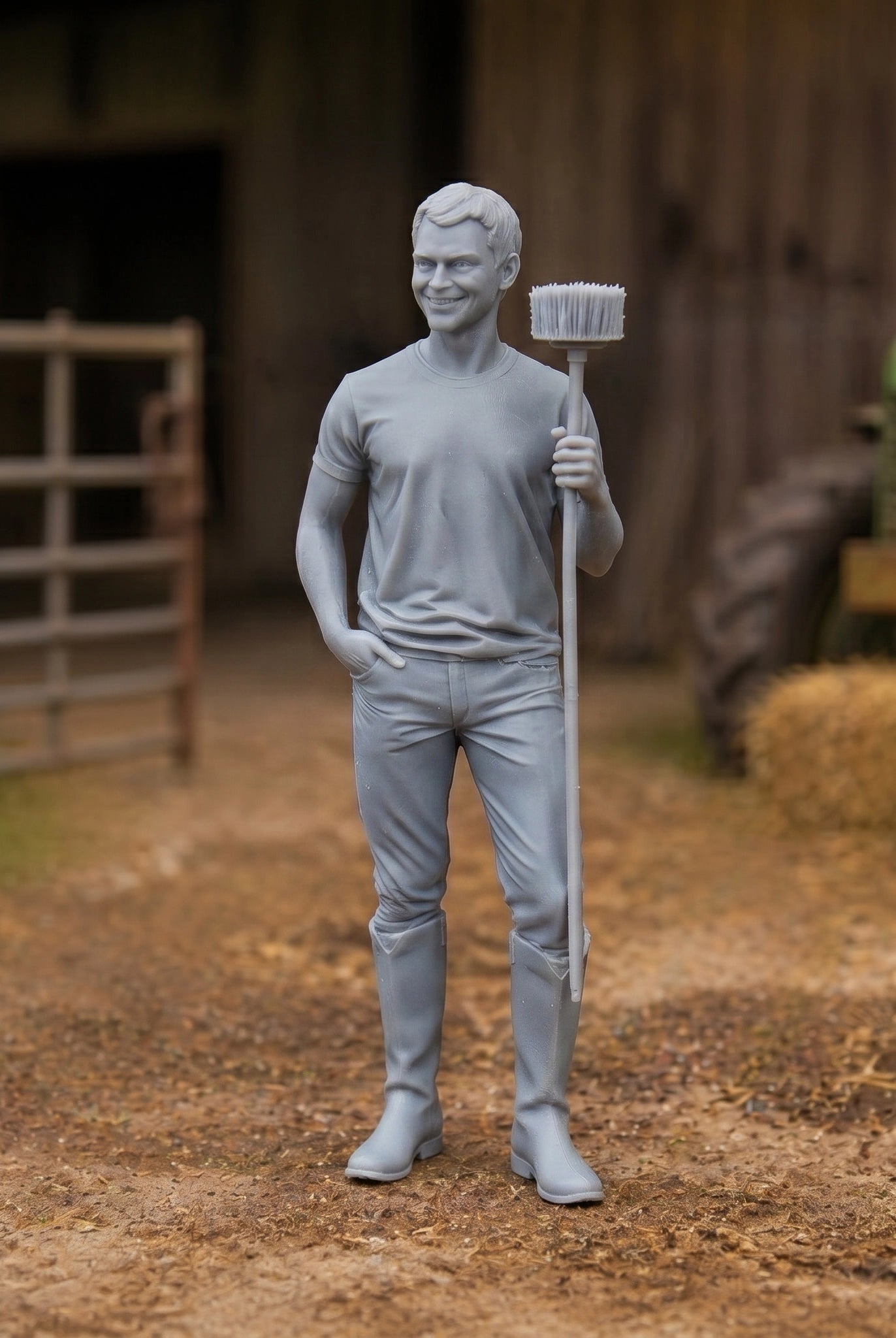 The Barnyard Hand | Grey Resin Farm Diorama Figurine