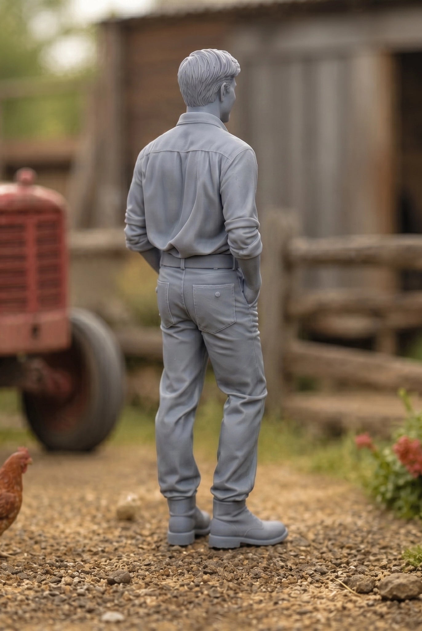 The Jovial Farmhand | Grey Resin Farm Diorama Figurine