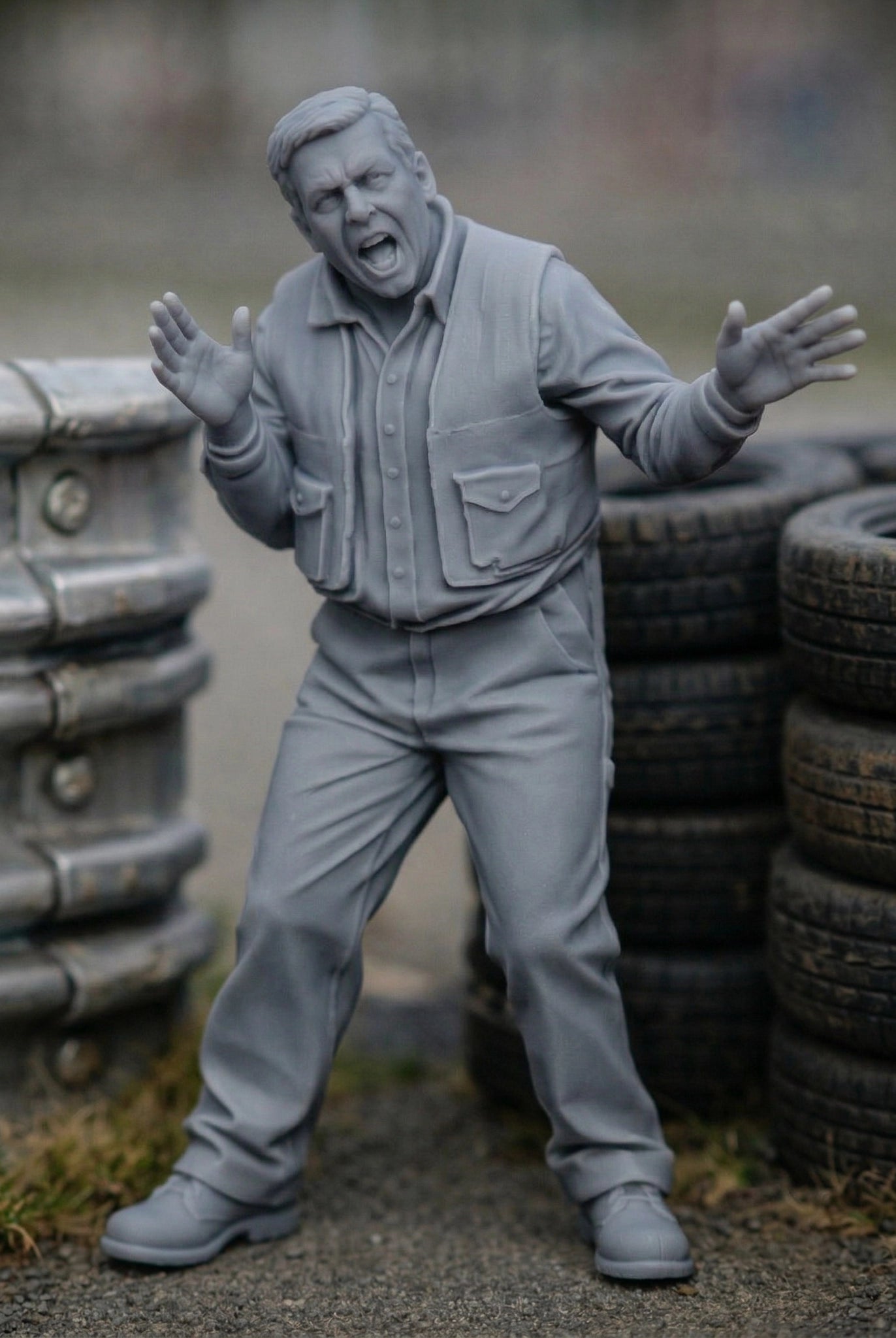 Panicked Race Marshal | Grey Resin Slot Car Diorama Figurine