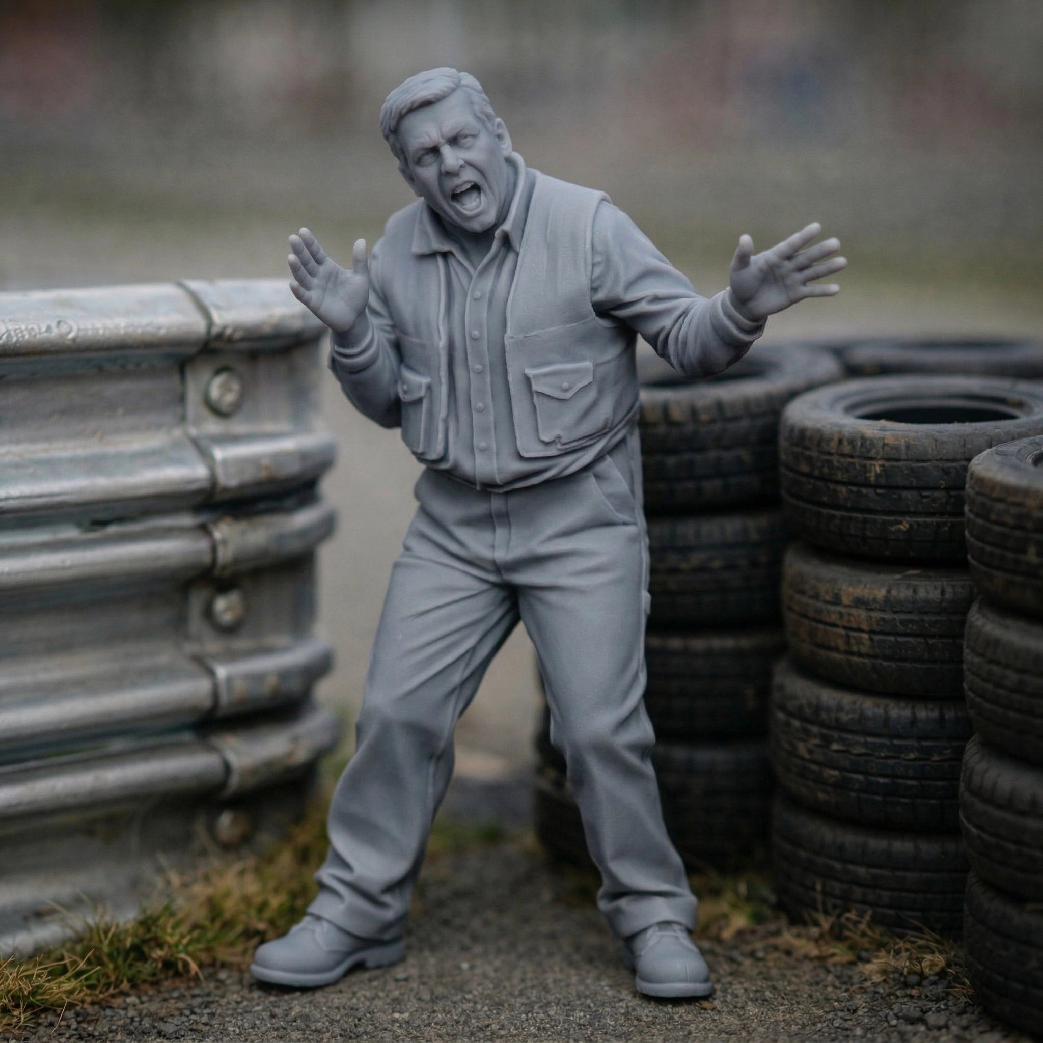 Panicked Race Marshal | Grey Resin Slot Car Diorama Figurine