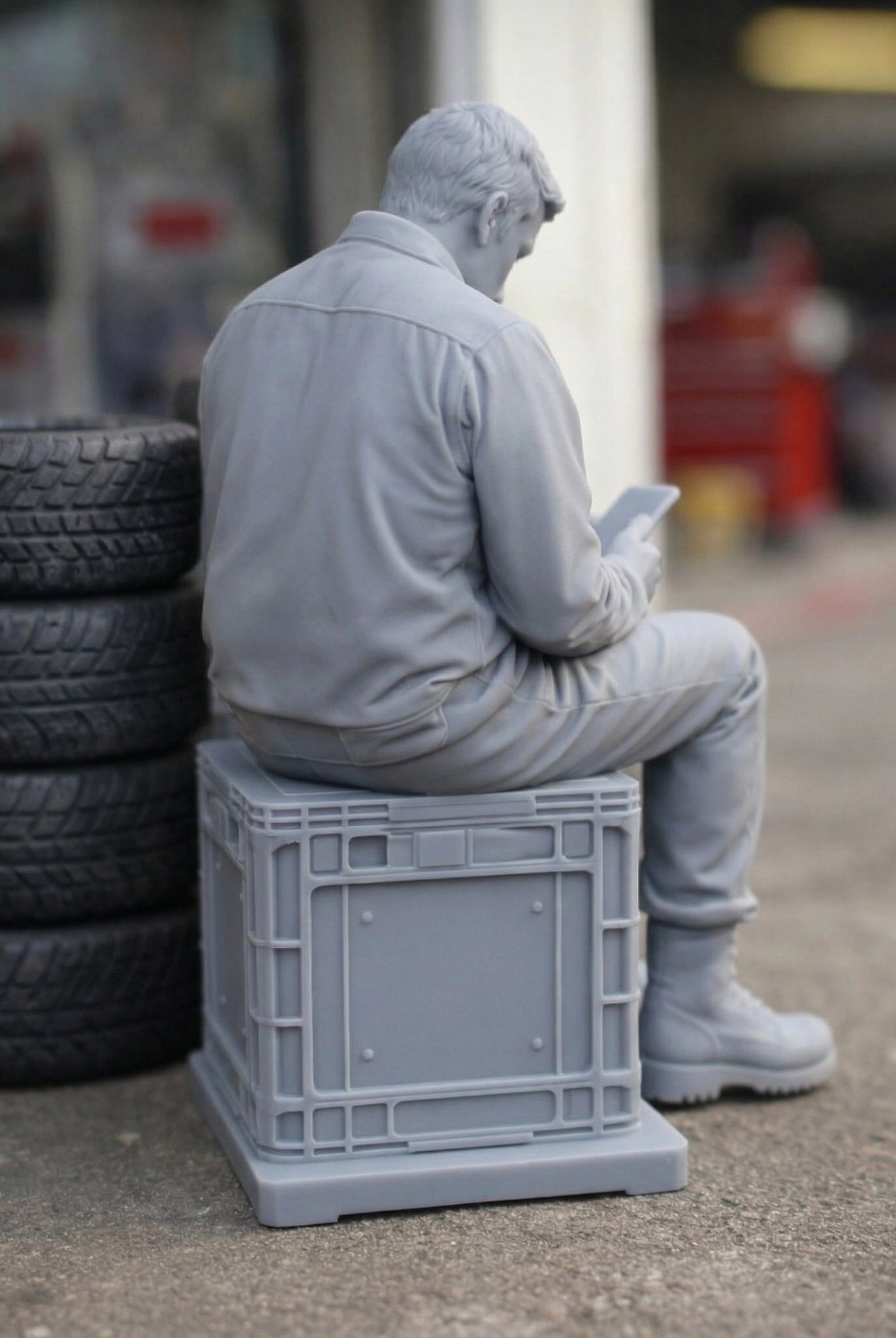 Workman On Break | Grey Resin Generic Diorama Figurine