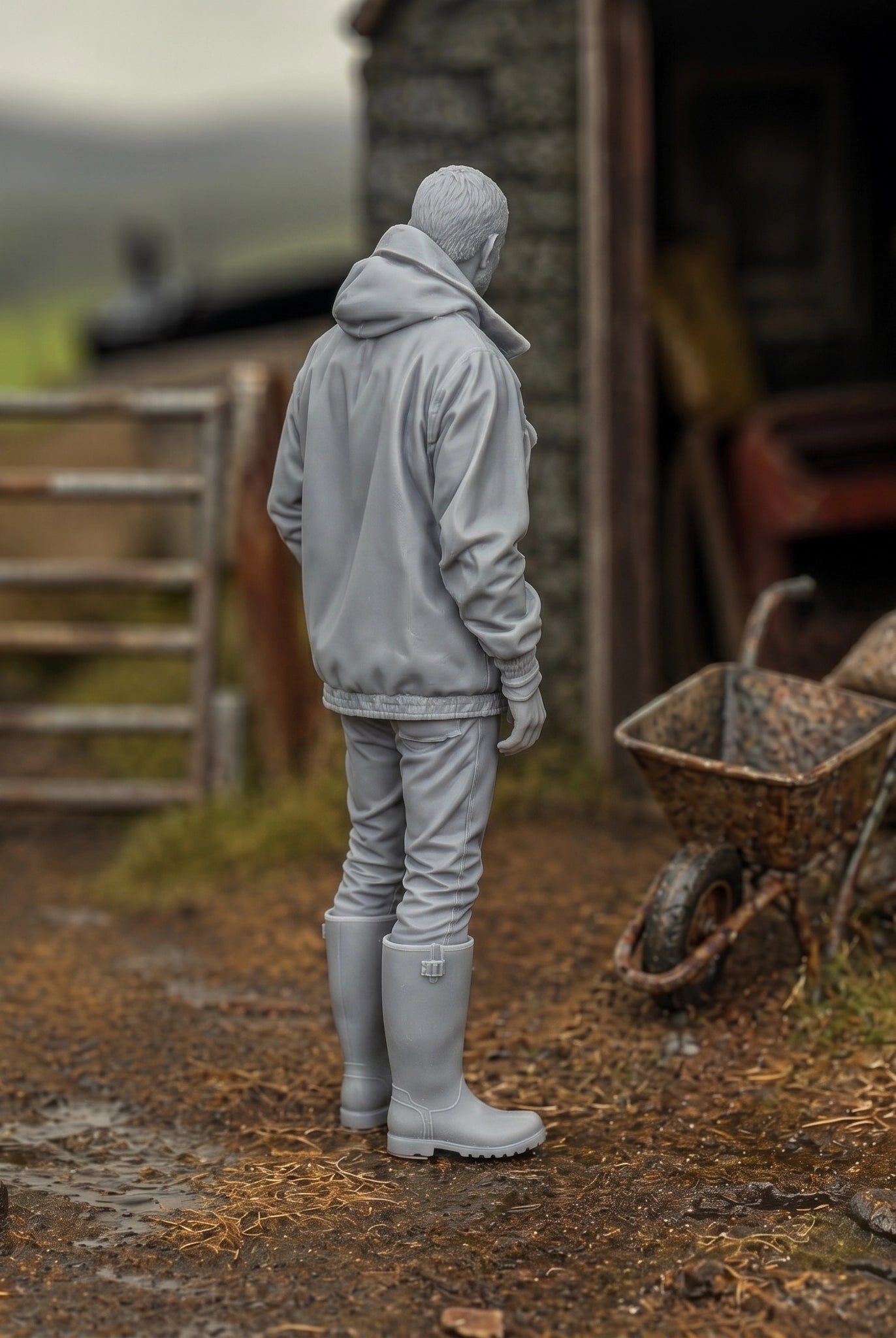 The Hill Farmer | Grey Resin Farm Diorama Figurine