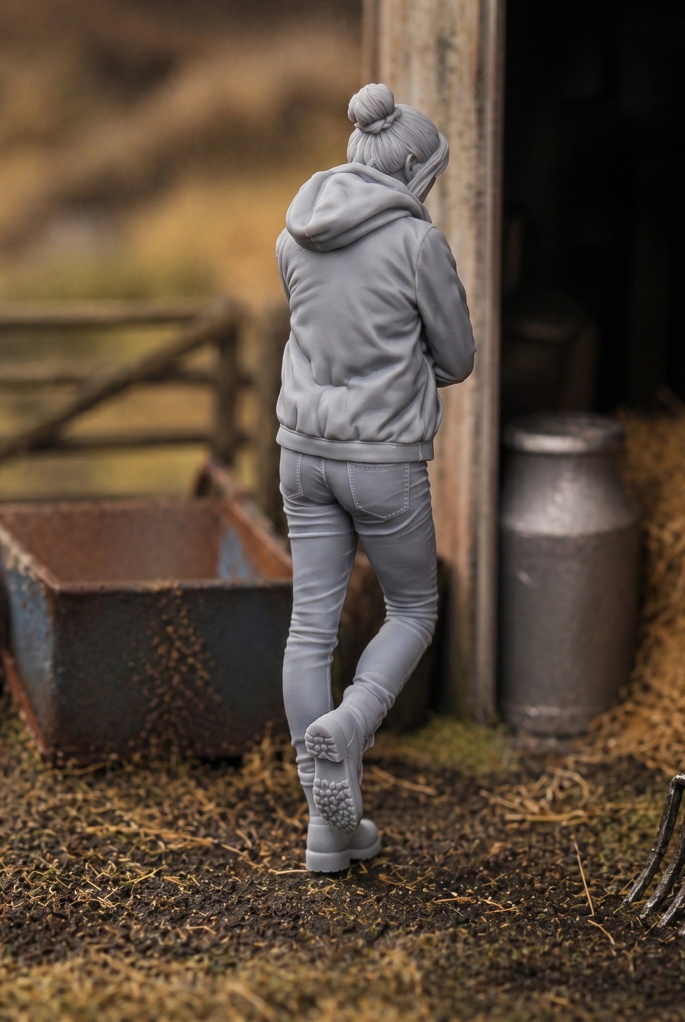 The Modern Farmhand | Grey Resin Farm Diorama Figurine