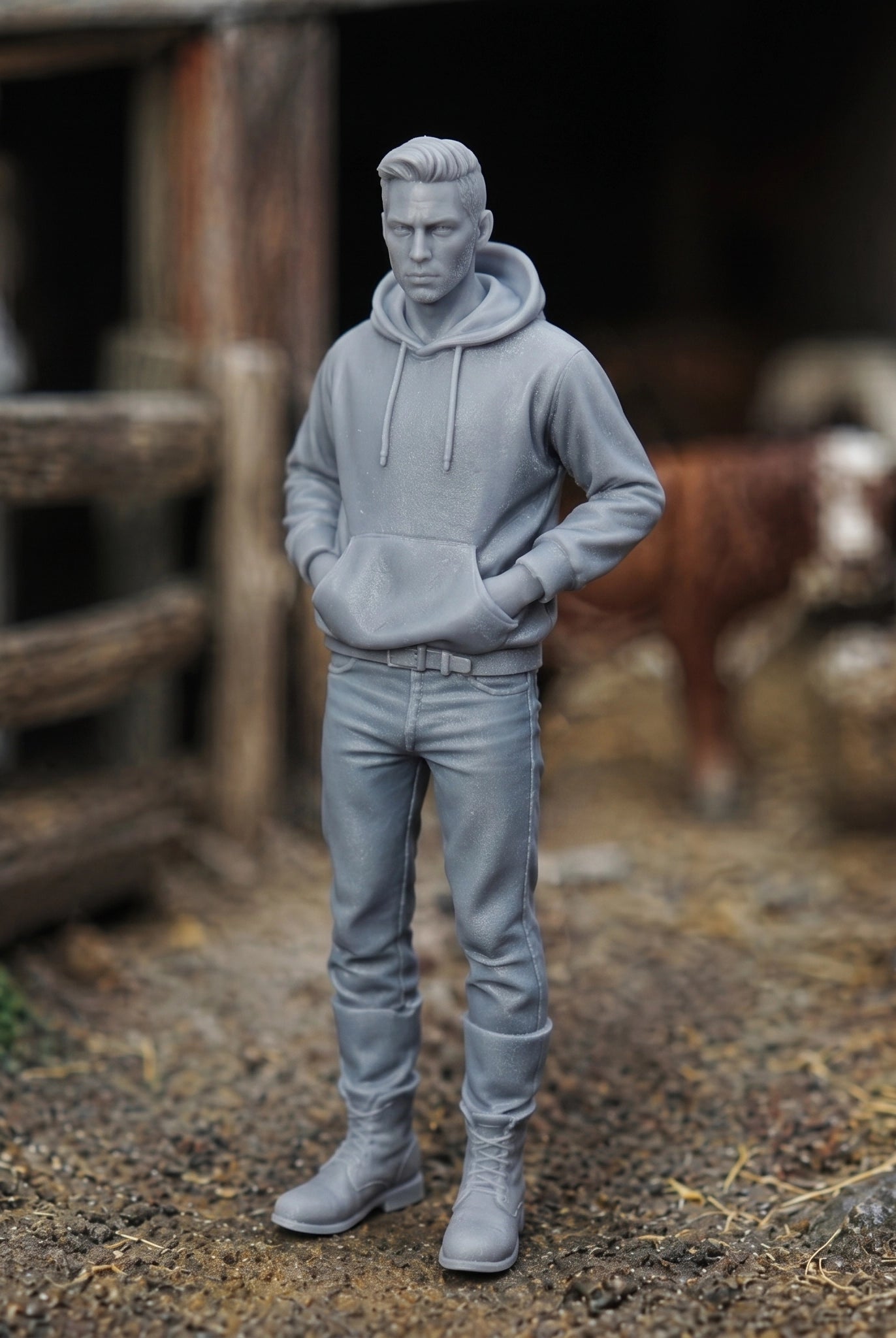 The Modern Male Farmhand | Grey Resin Farm Diorama Figurine