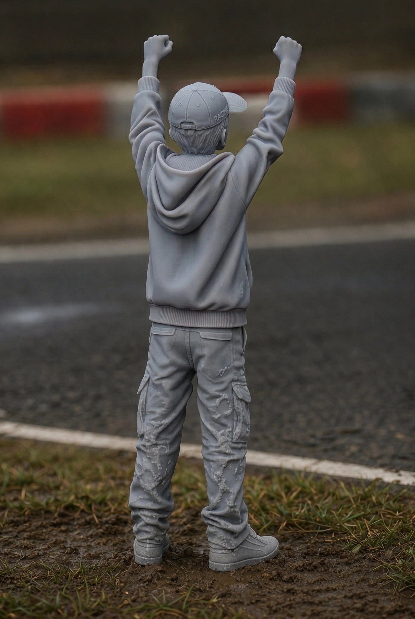 Excitable Young Racing Fan | Grey Resin Diorama Figurine