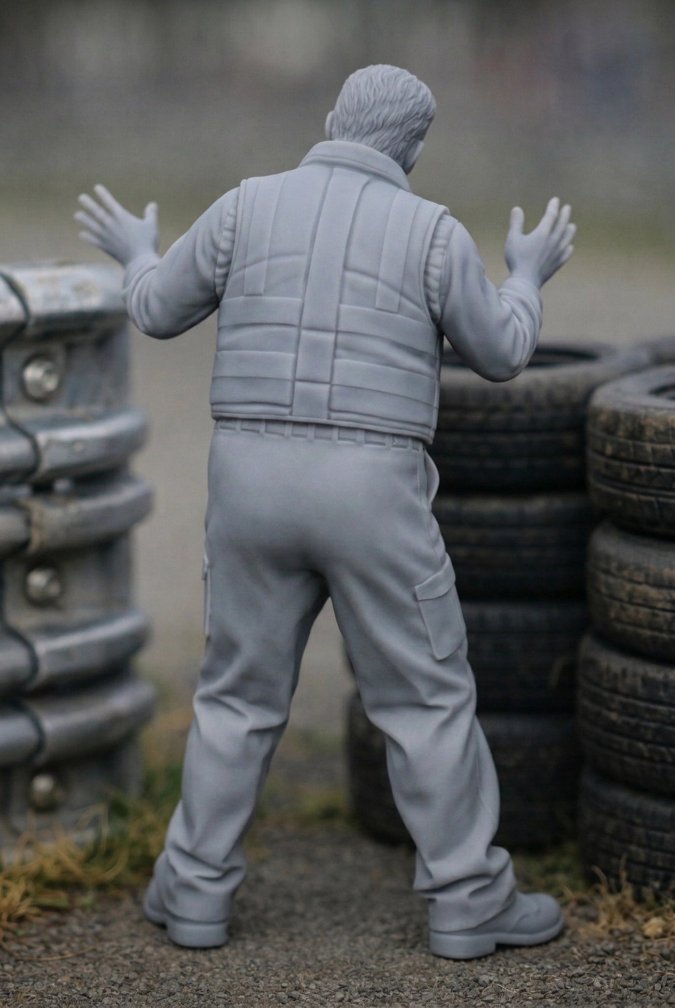 Panicked Race Marshal | Grey Resin Slot Car Diorama Figurine