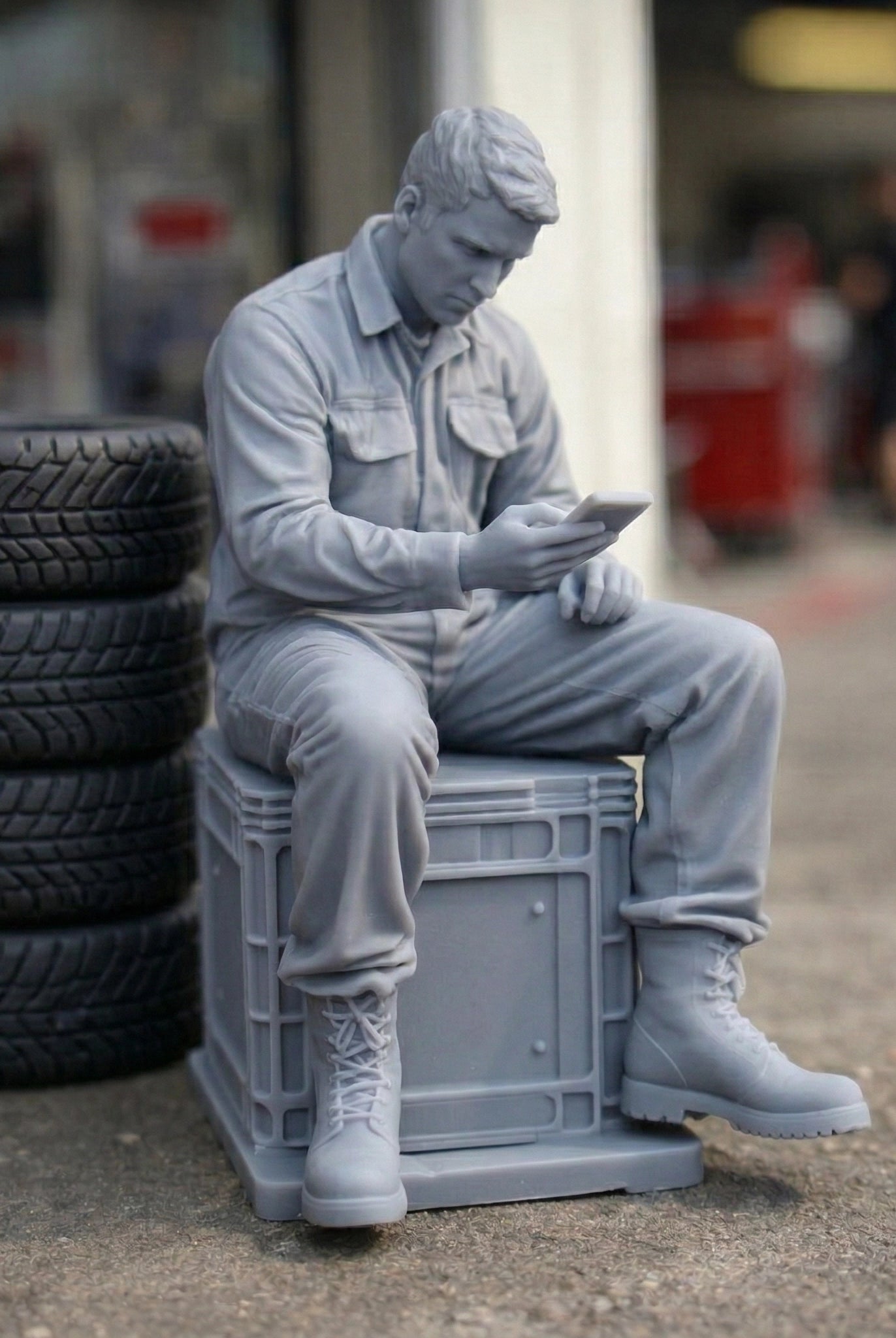 Workman On Break | Grey Resin Generic Diorama Figurine