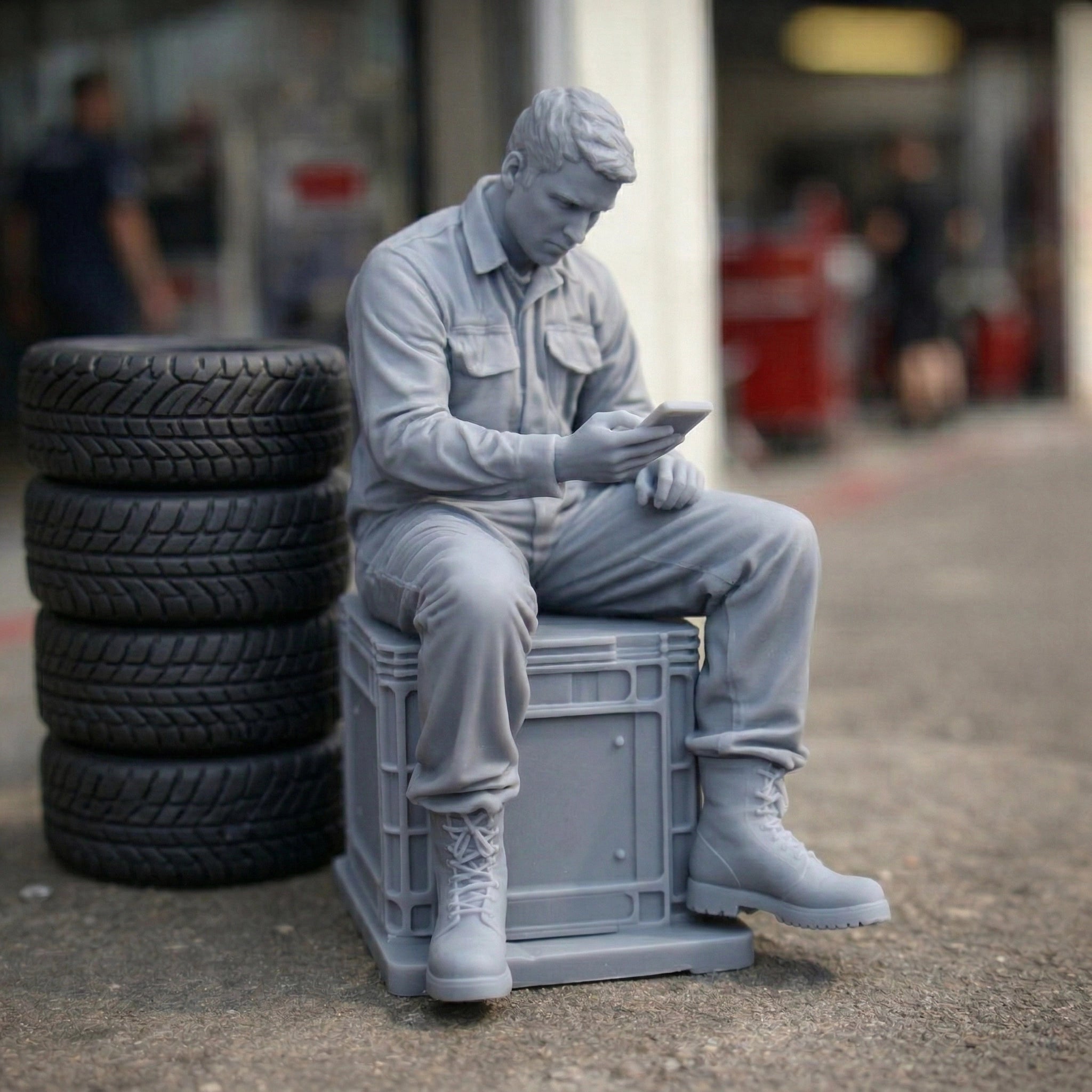 Workman On Break | Grey Resin Generic Diorama Figurine