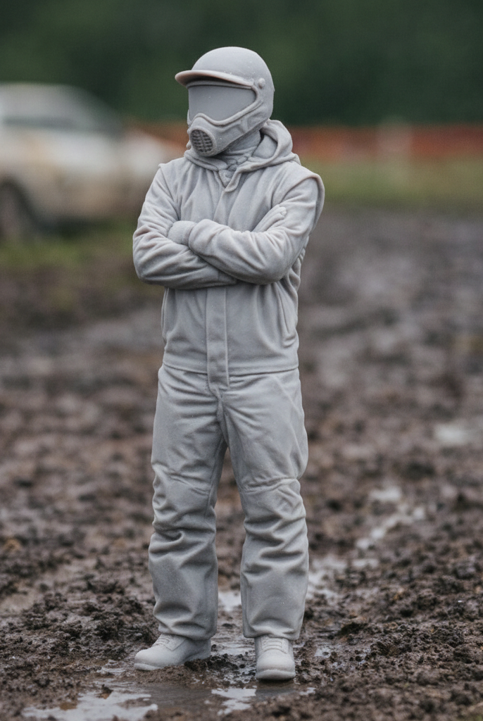 Off-Road Rally Racer in Mud-Splattered Race Suit | Scale Resin Slot Car Diorama Figurine