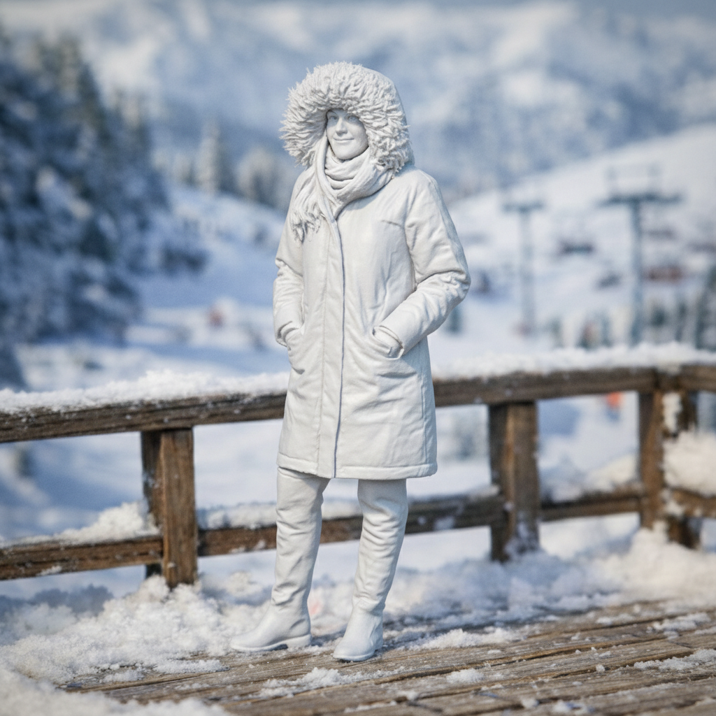 Winter Tourist in Faux-Fur Trimmed Parka | Resin Figurine