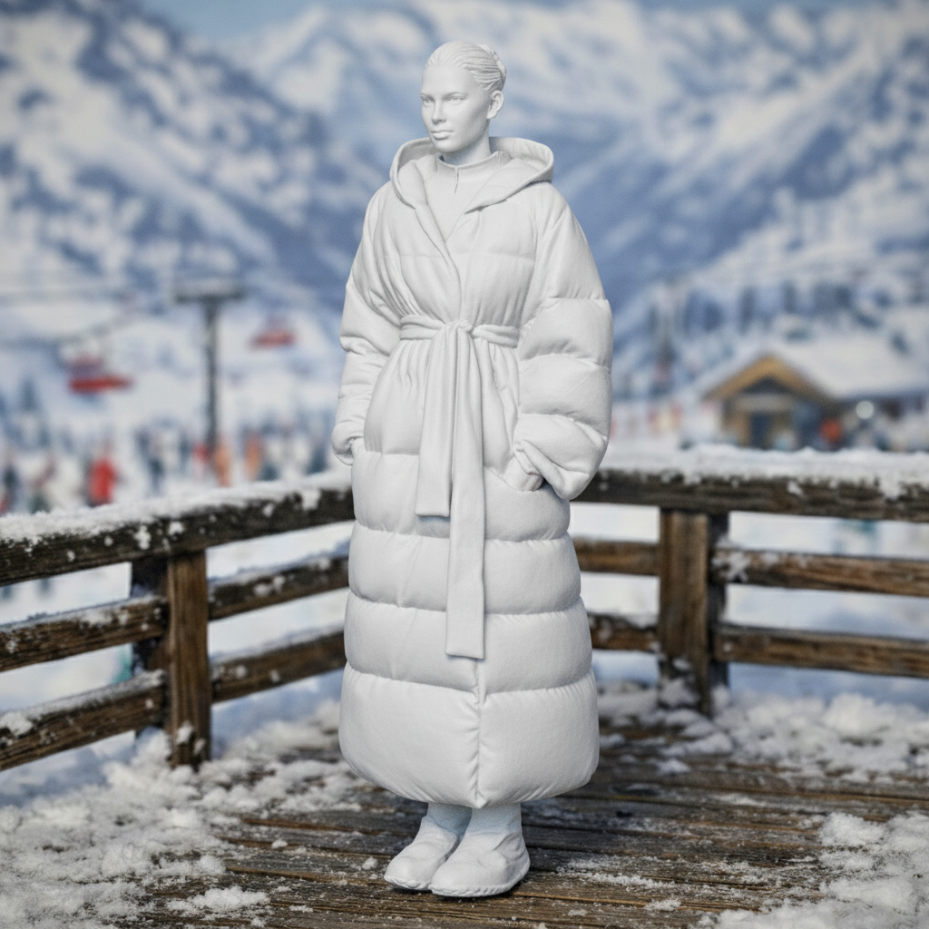 High-Fashion Tourist in Belted Maxi Puffer Coat | Resin Figurine