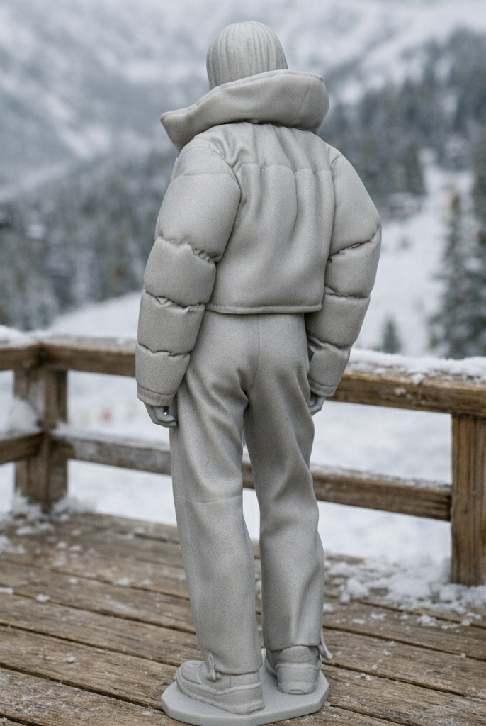 Hooded Winter Tourist in Puffer & Tracksuit | Resin Figurine