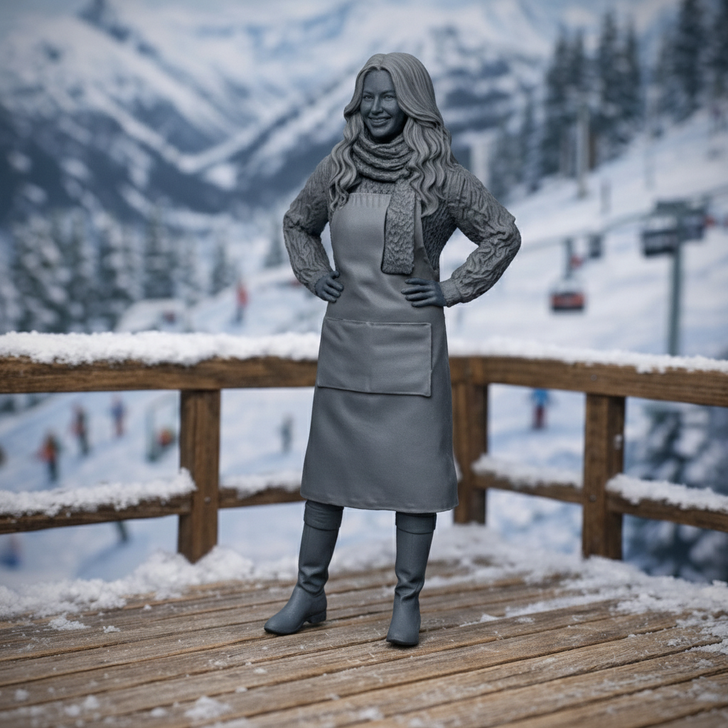 Mountain Lodge Hostess in Cable-Knit Sweater & Apron | Resin Figurine