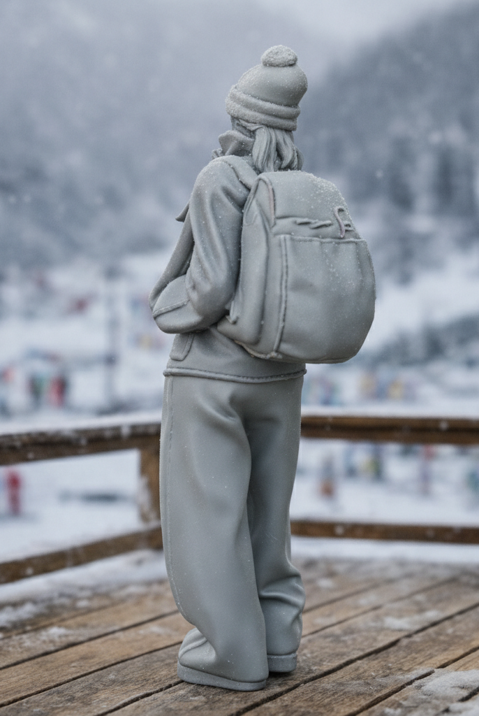 Cosy Alpine Explorer in Oversized Fleece & Wide-Leg Trousers | Resin Figurine