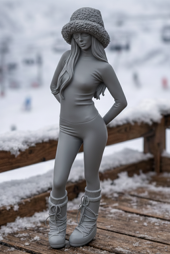 Chic Après-Ski Minimalist in Faux-Fur Bucket Hat | Resin Figurine
