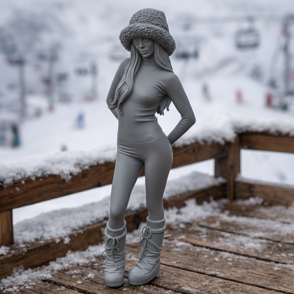 Chic Après-Ski Minimalist in Faux-Fur Bucket Hat | Resin Figurine