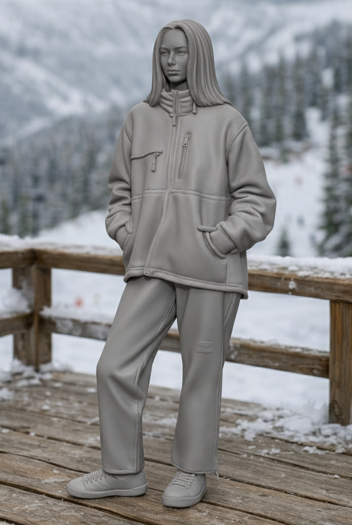 Chic Après-Ski Tourist in Sherpa Fleece & Trousers | Resin Figurine