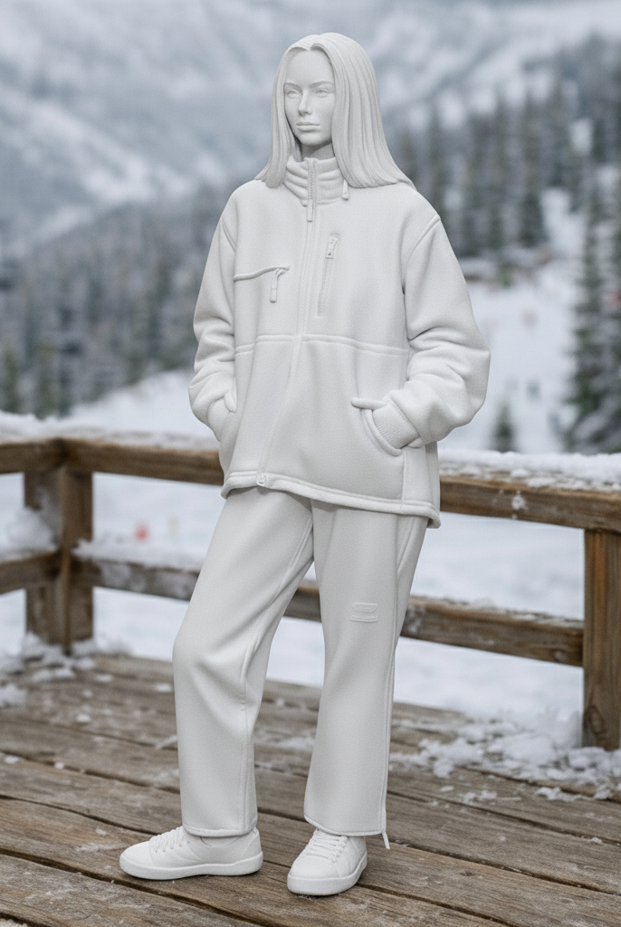 Chic Après-Ski Tourist in Sherpa Fleece & Trousers | Resin Figurine