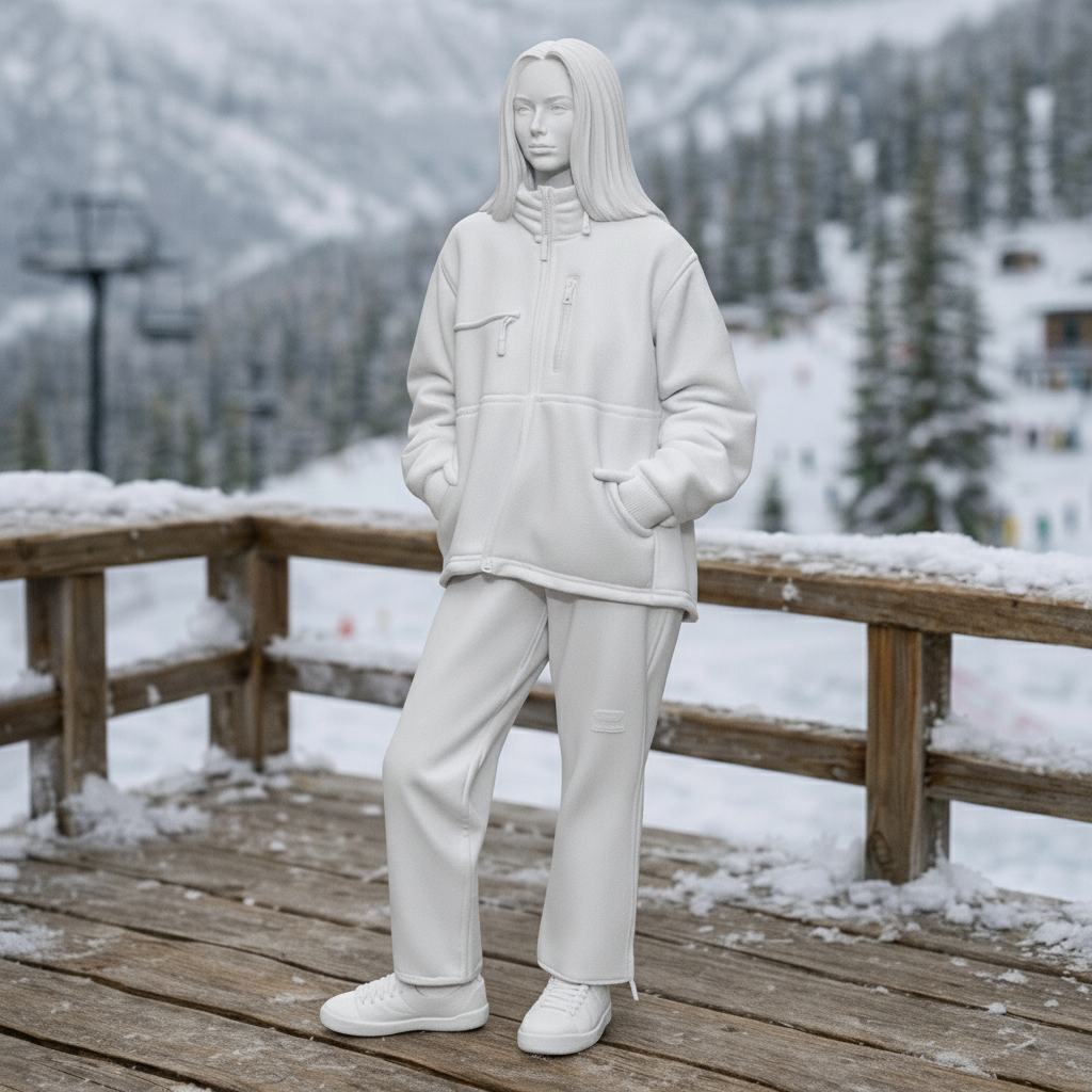 Chic Après-Ski Tourist in Sherpa Fleece & Trousers | Resin Figurine