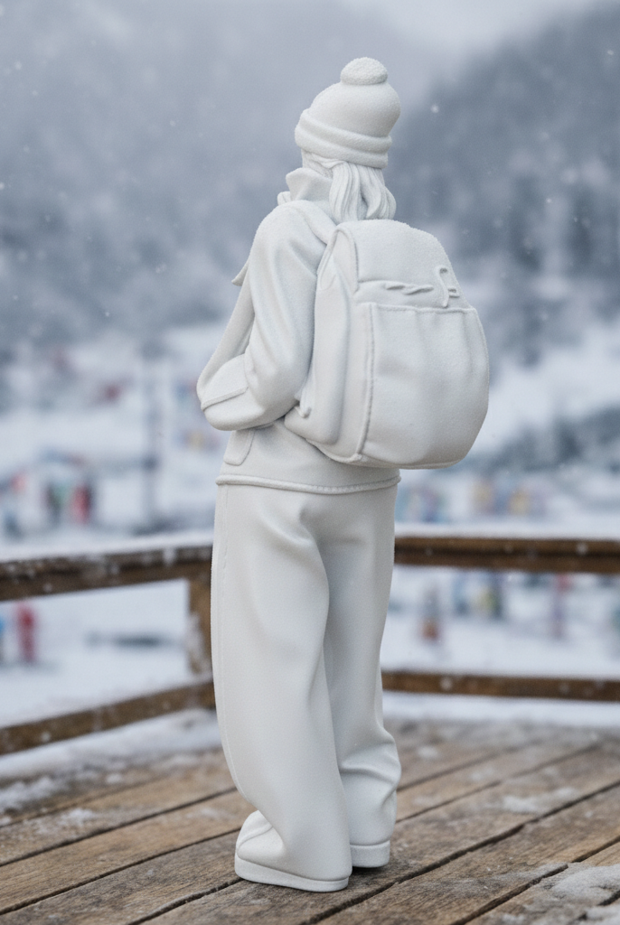 Cosy Alpine Explorer in Oversized Fleece & Wide-Leg Trousers | Resin Figurine