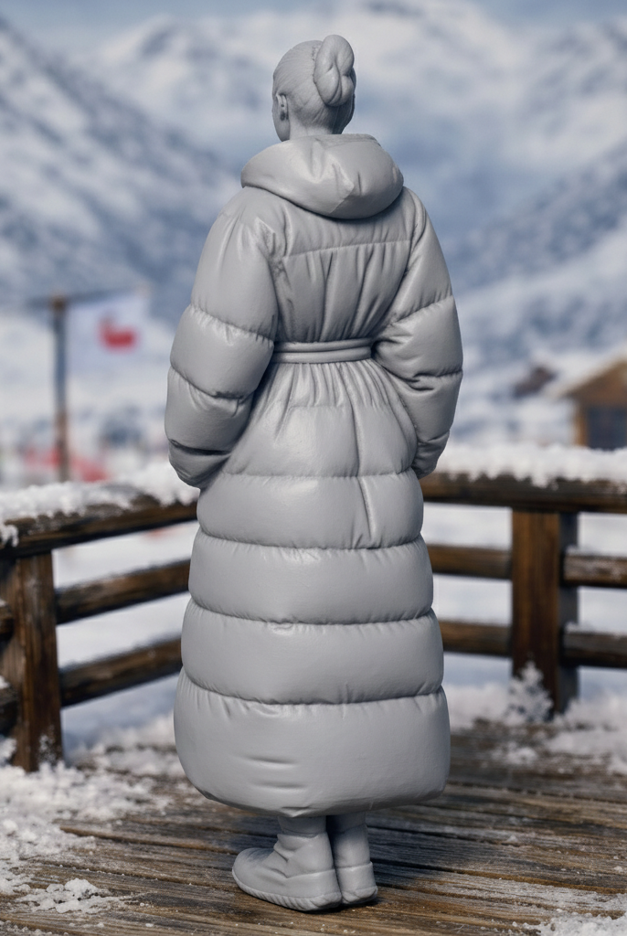 High-Fashion Tourist in Belted Maxi Puffer Coat | Resin Figurine