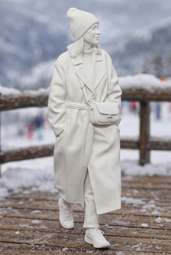 High-Fashion Tourist in Belted Maxi Coat | Resin Figurine