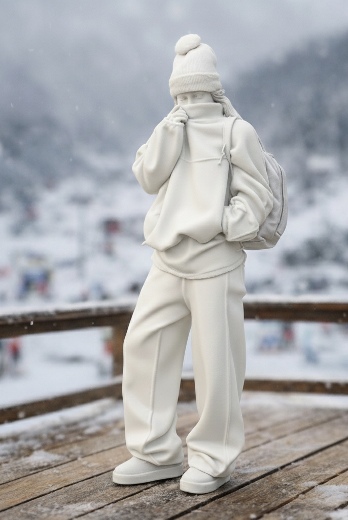Cosy Alpine Explorer in Oversized Fleece & Wide-Leg Trousers | Resin Figurine