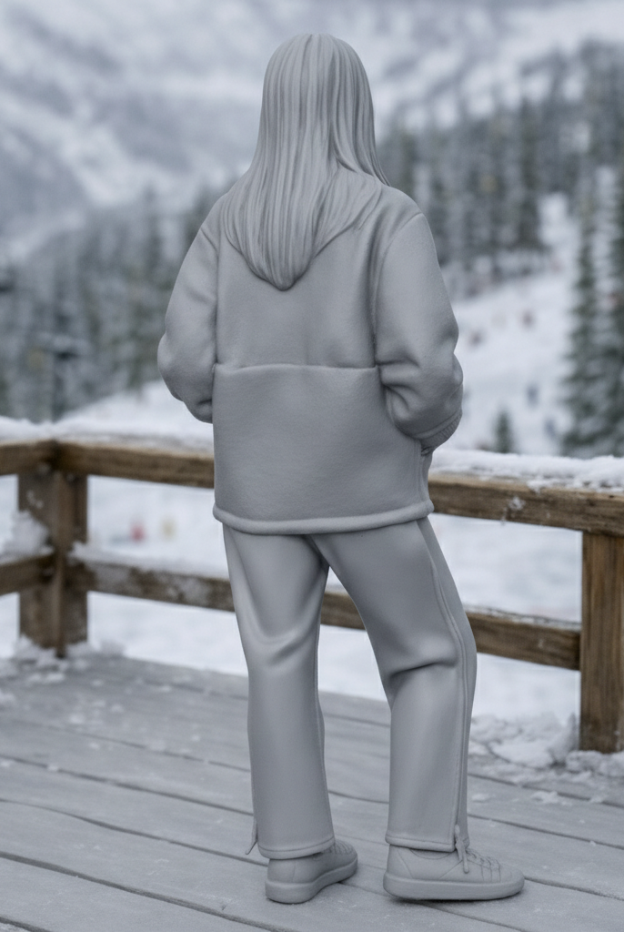 Chic Après-Ski Tourist in Sherpa Fleece & Trousers | Resin Figurine