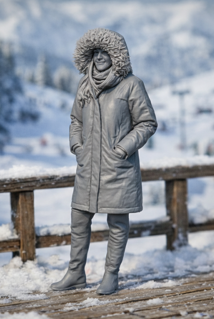Winter Tourist in Faux-Fur Trimmed Parka | Resin Figurine