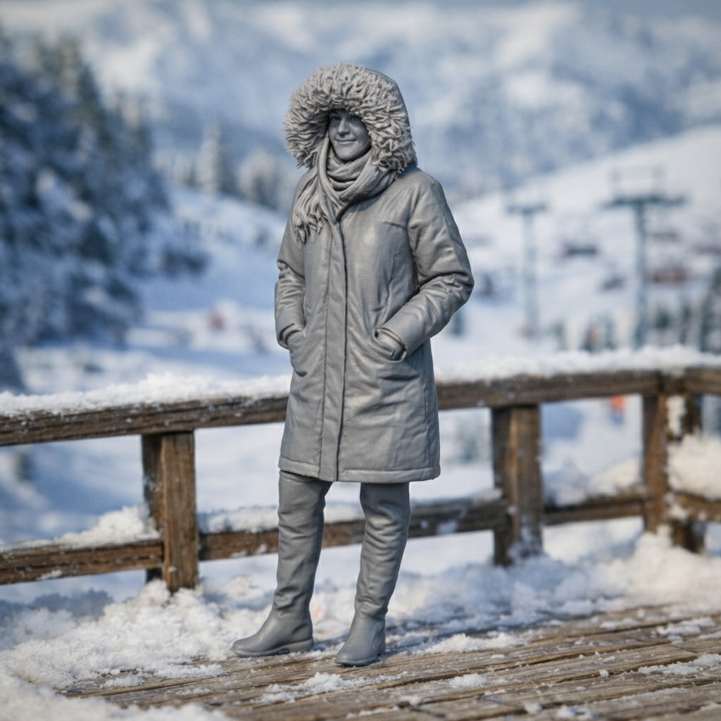 Winter Tourist in Faux-Fur Trimmed Parka | Resin Figurine