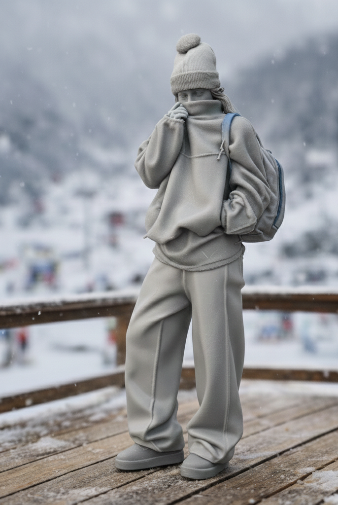 Cosy Alpine Explorer in Oversized Fleece & Wide-Leg Trousers | Resin Figurine