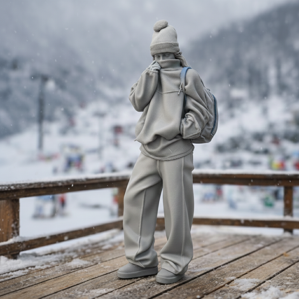 Cosy Alpine Explorer in Oversized Fleece & Wide-Leg Trousers | Resin Figurine