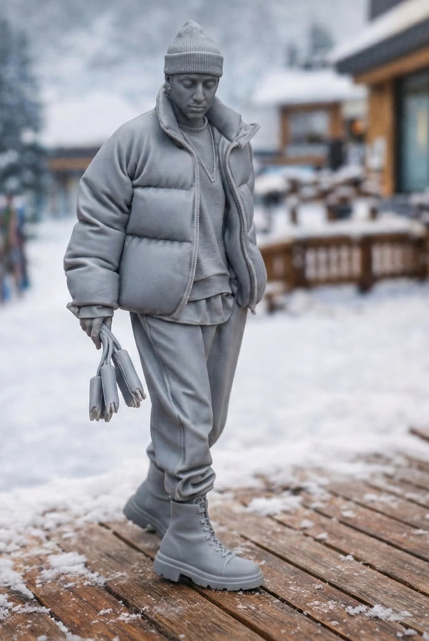 Professional Mountain Coach in Monochromatic Puffer Gear | Resin Figurine