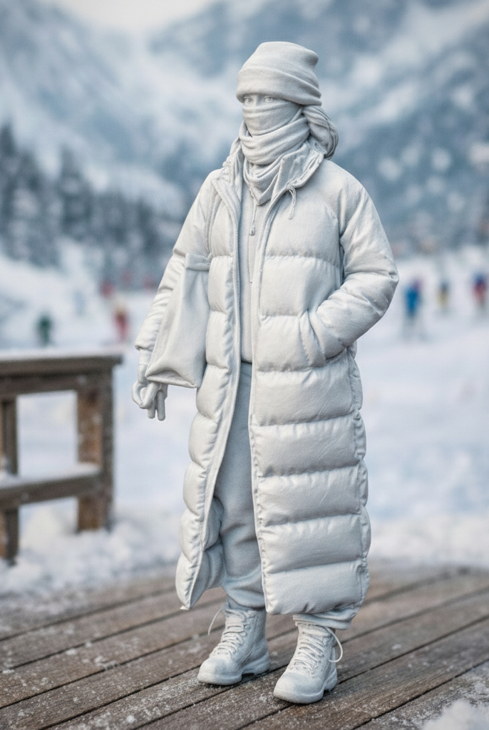 High-Altitude Minimalist in Maxi Puffer & Face Wrap | Resin Figurine