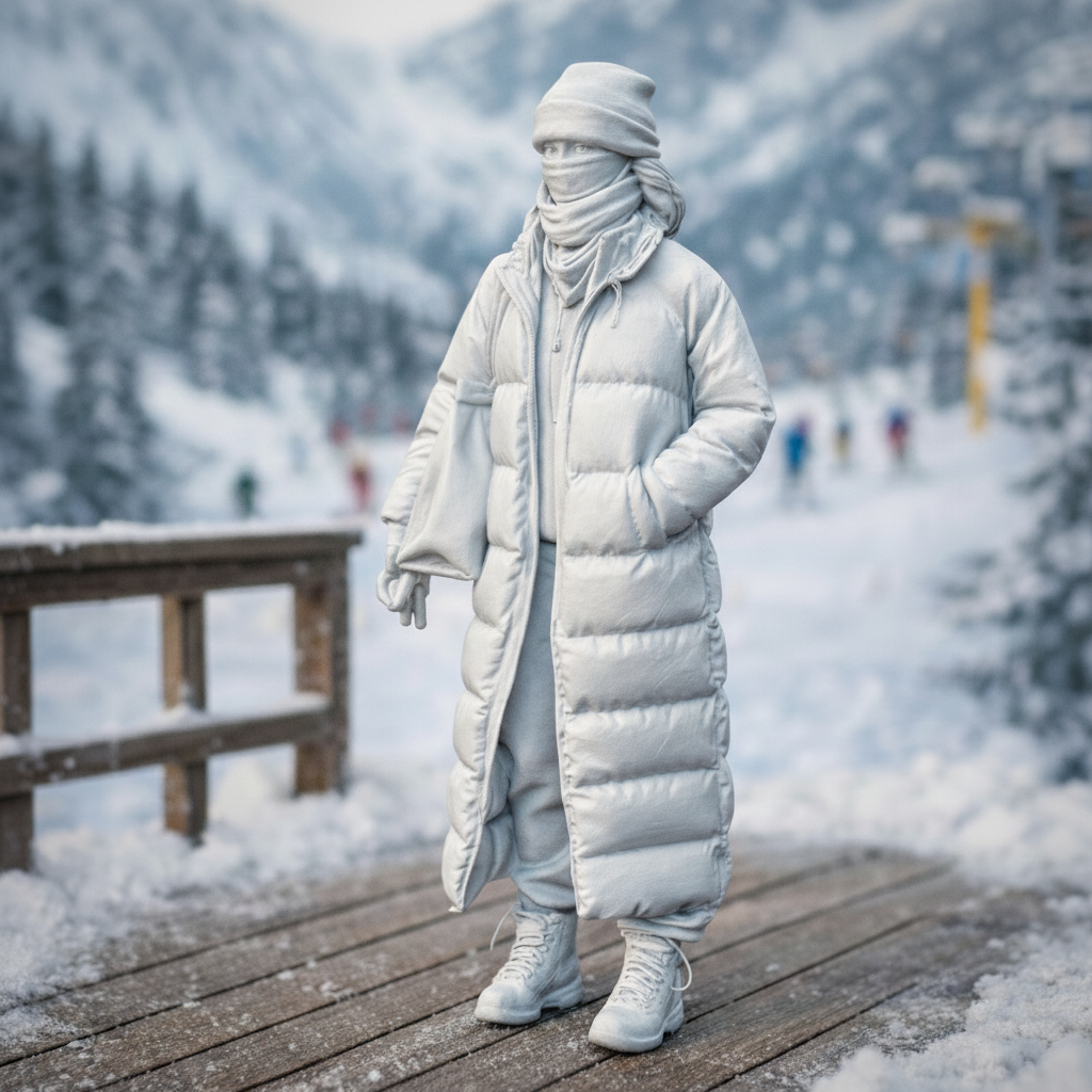 High-Altitude Minimalist in Maxi Puffer & Face Wrap | Resin Figurine
