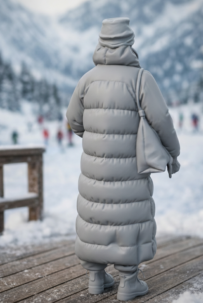 High-Altitude Minimalist in Maxi Puffer & Face Wrap | Resin Figurine