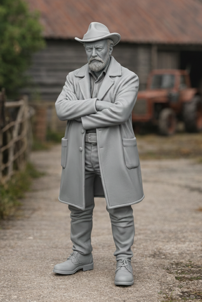 Heritage Farmhand in Waxed Duster & Akubra Hat | Scale Resin Farm Diorama Figurine