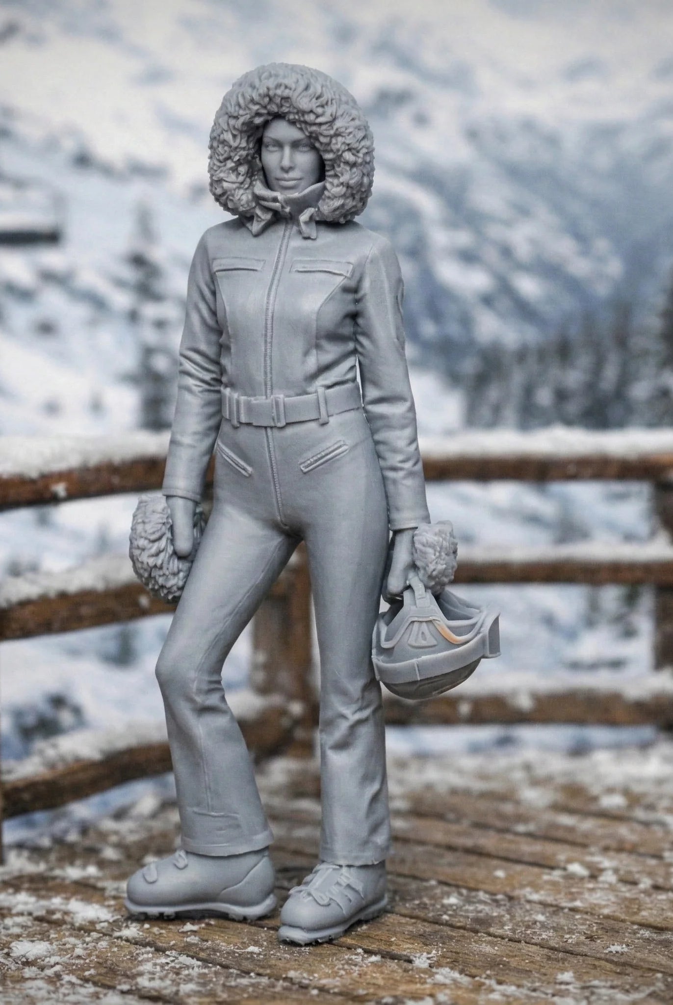 Professional Skier in One-Piece Suit with Fur-Trimmed Hood | Resin Figurine