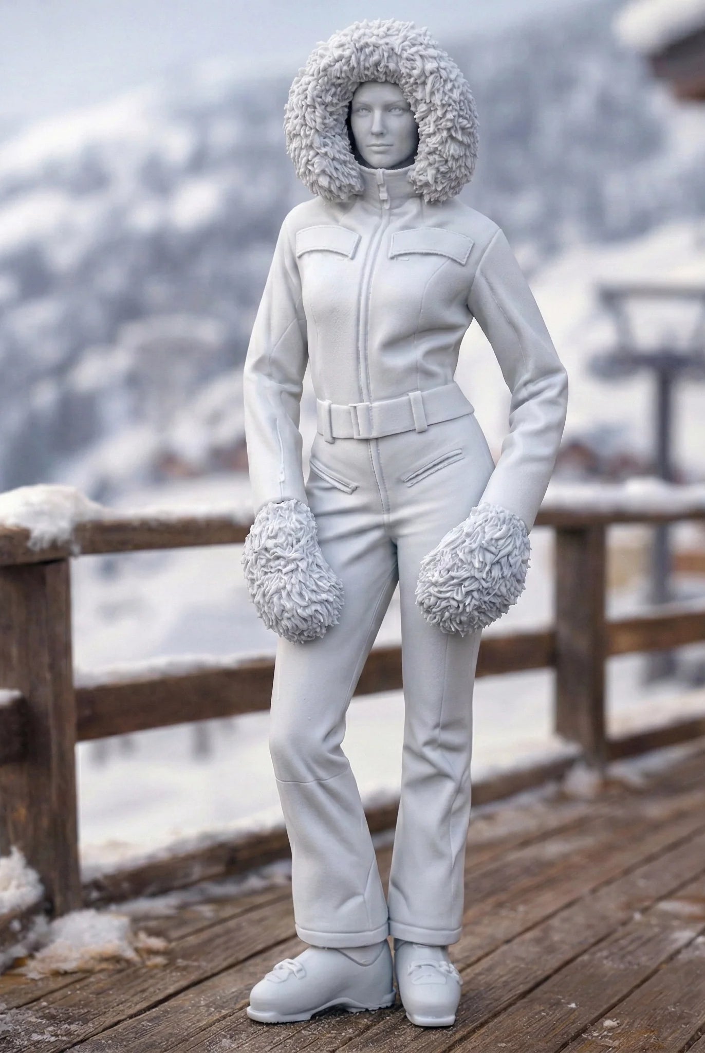 Professional Skier in Belted One-Piece with Fur-Trimmed Hood | Resin Figurine