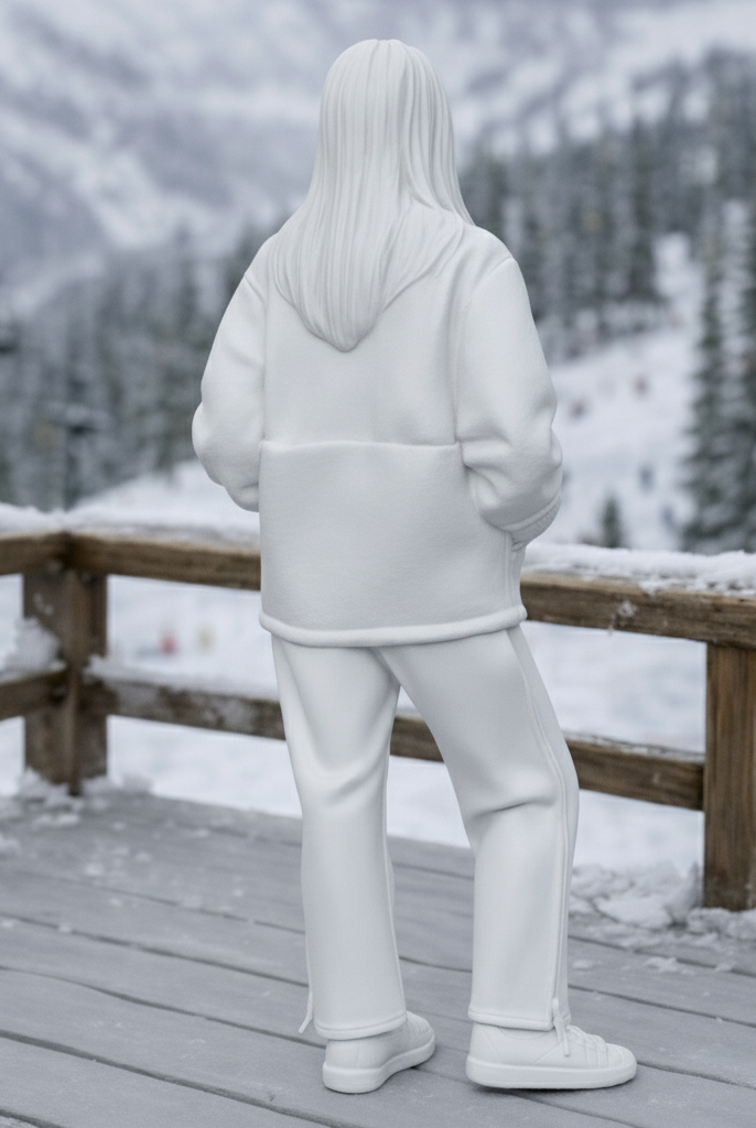 Chic Après-Ski Tourist in Sherpa Fleece & Trousers | Resin Figurine