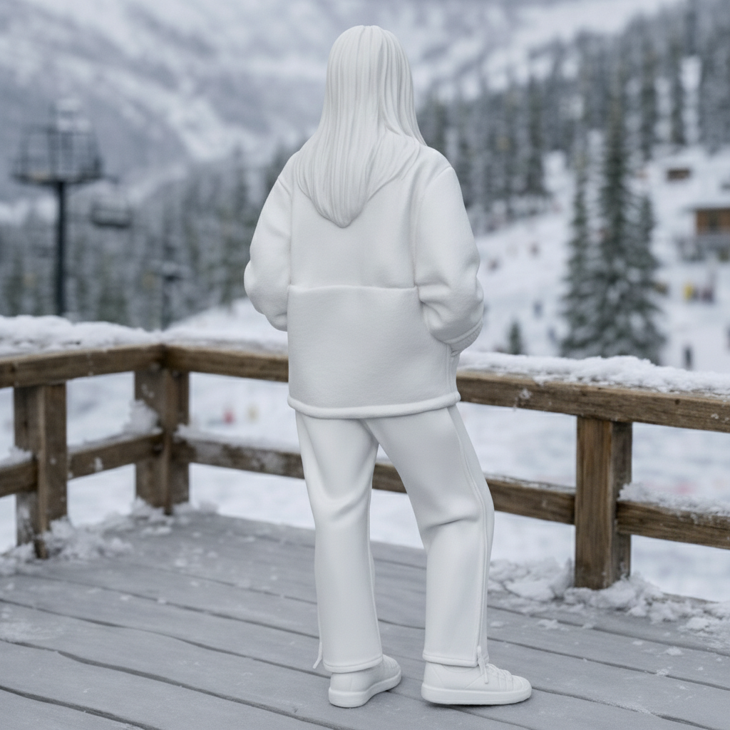 Chic Après-Ski Tourist in Sherpa Fleece & Trousers | Resin Figurine