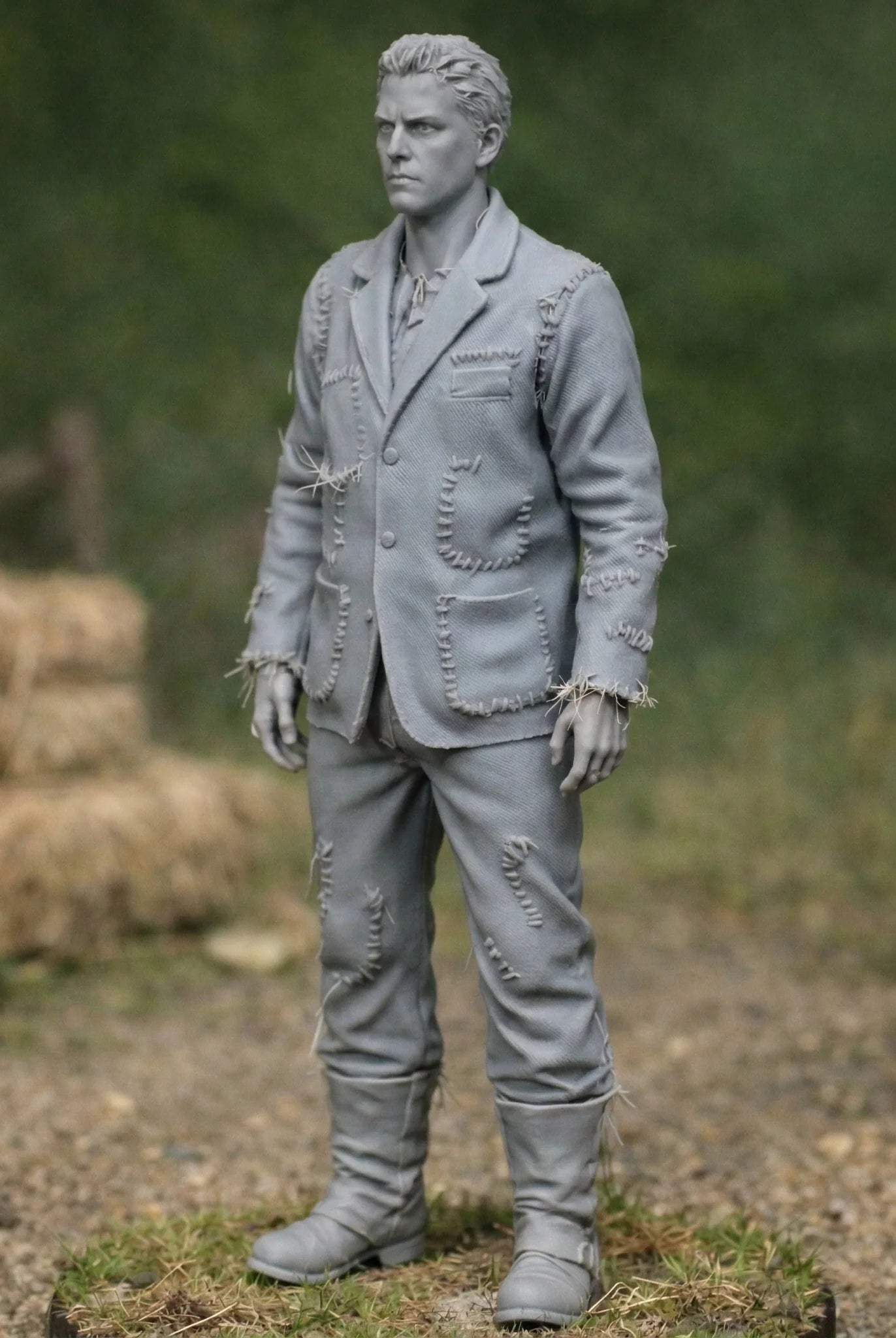 Professional Farmhand in Patched Utility Denim | Scale Resin Farm Diorama Figurine