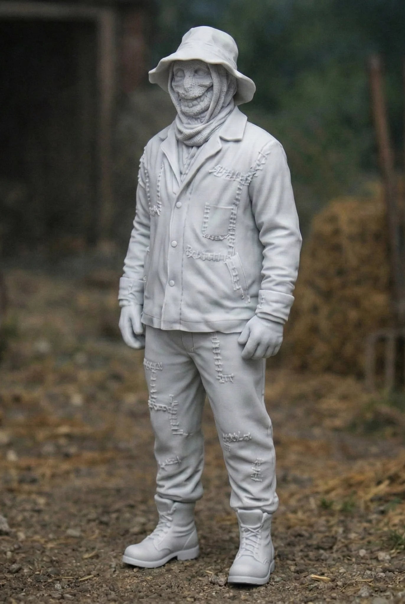 Terrifying Rural Scarecrow in Distressed Denim | Scale Resin Farm Diorama Figurine