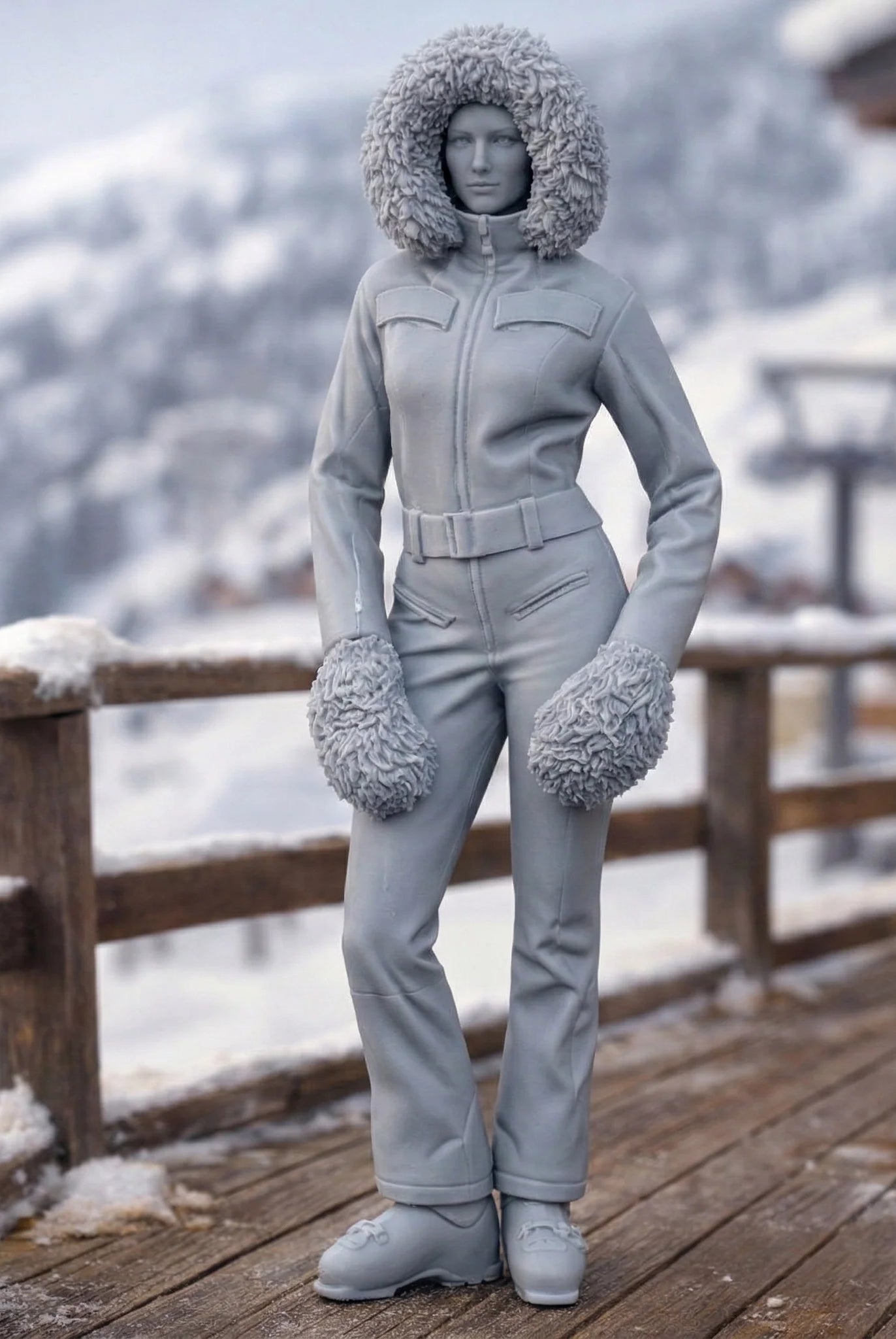 Professional Skier in Belted One-Piece with Fur-Trimmed Hood | Resin Figurine