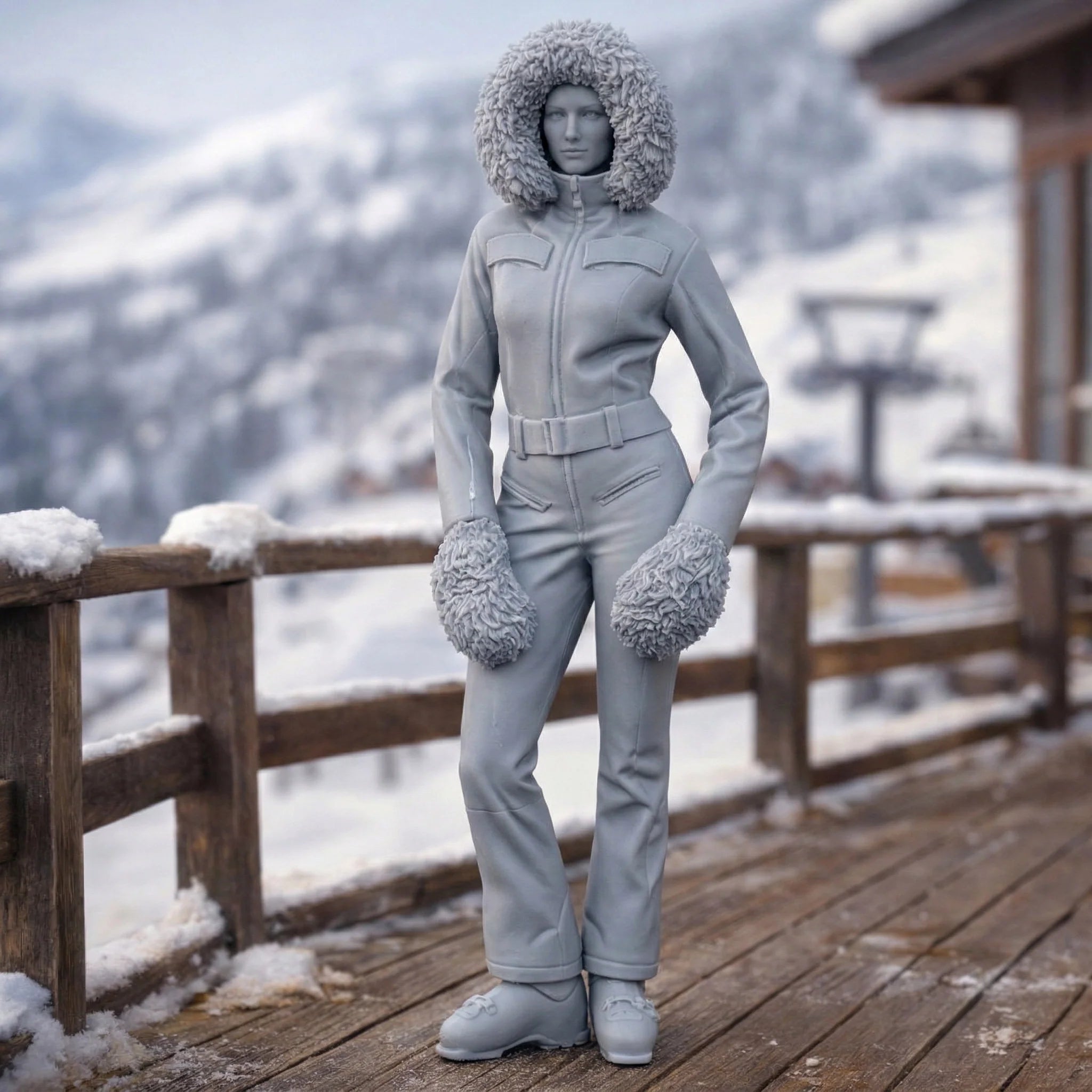 Professional Skier in Belted One-Piece with Fur-Trimmed Hood | Resin Figurine