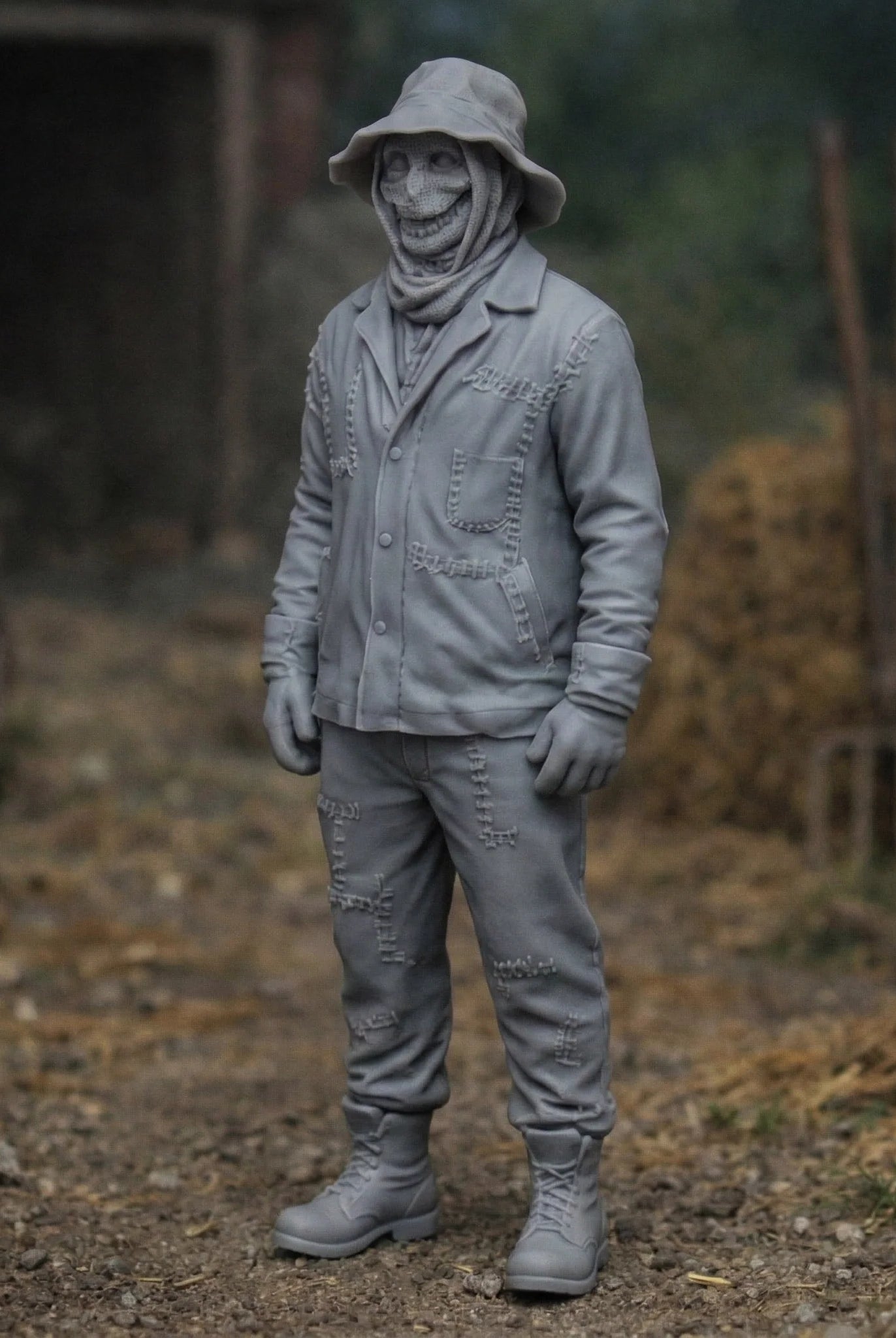 Terrifying Rural Scarecrow in Distressed Denim | Scale Resin Farm Diorama Figurine