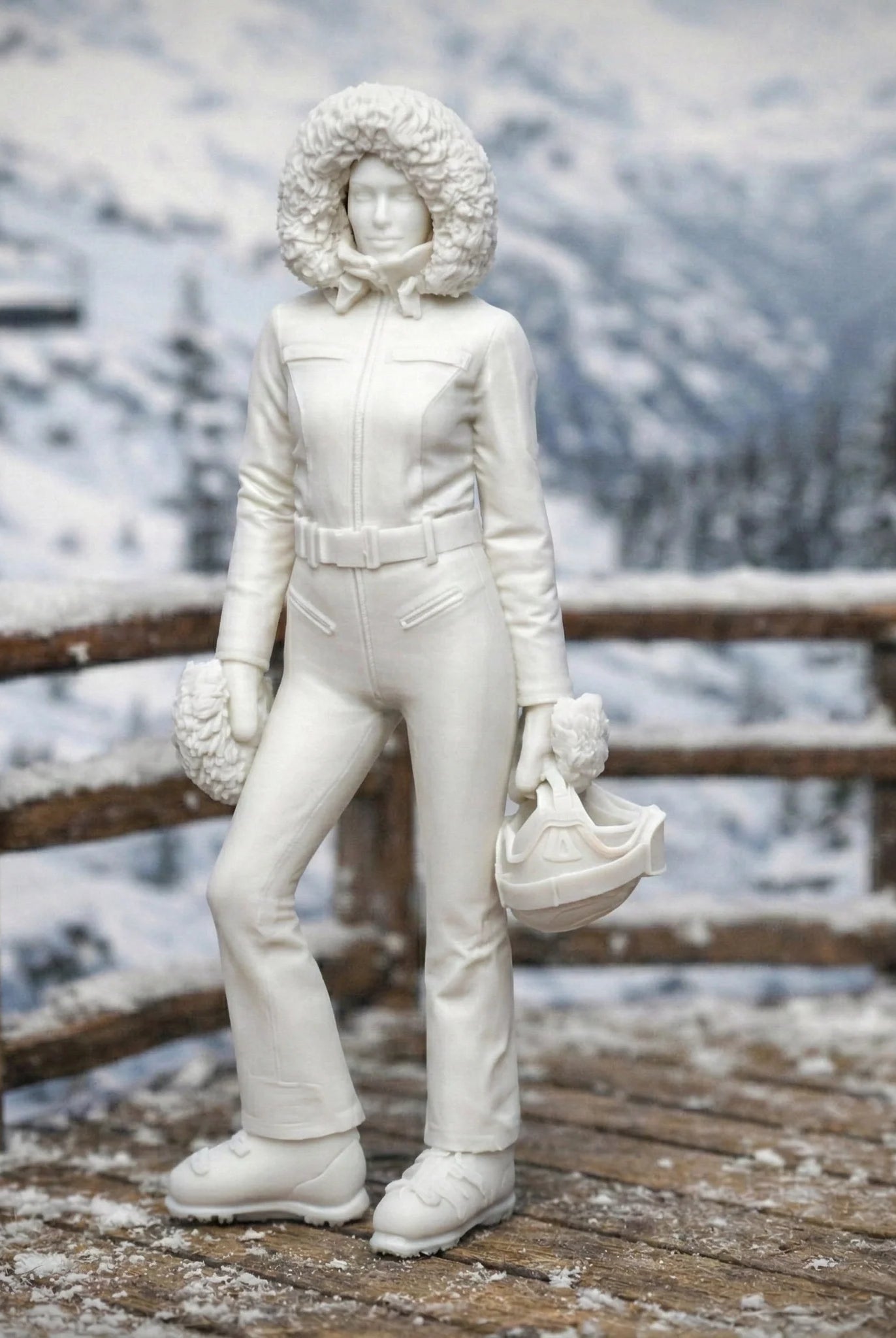 Professional Skier in One-Piece Suit with Fur-Trimmed Hood | Resin Figurine