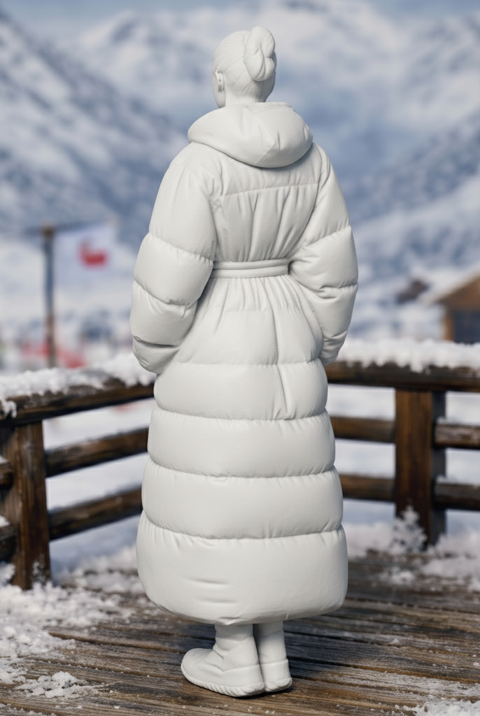 High-Fashion Tourist in Belted Maxi Puffer Coat | Resin Figurine
